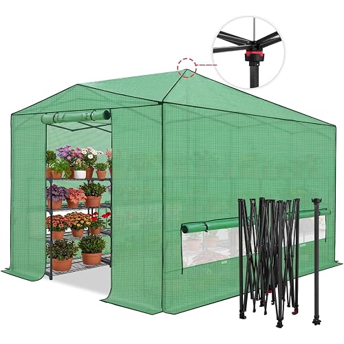 EAGLE PEAK 12x8 Portable Walk-in Greenhouse, Pop-up Indoor Outdoor Garden Green House, Zippered Doors and Windows, PE Cover, Green
