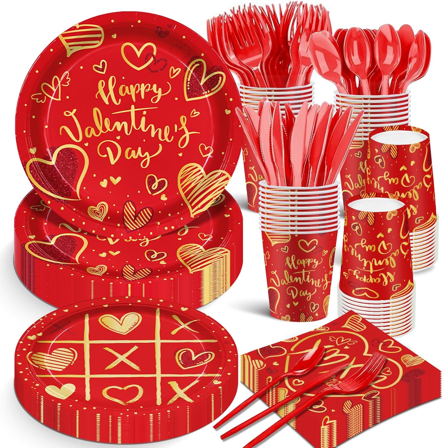JLCFUTURE バレンタインデーパーティーデコレーション レッドハート Love 使い捨て紙皿 ナプキン バレンタインデー 婚約