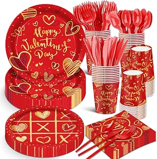 140Pcs Valentine's Day Party Supplies Tableware Set Red Heart Love Valentine's Day Paper Plates and Napkins Anniversary Wedding Party Decorations Couple Dating Dinner Plates, Serve for 20 Guest