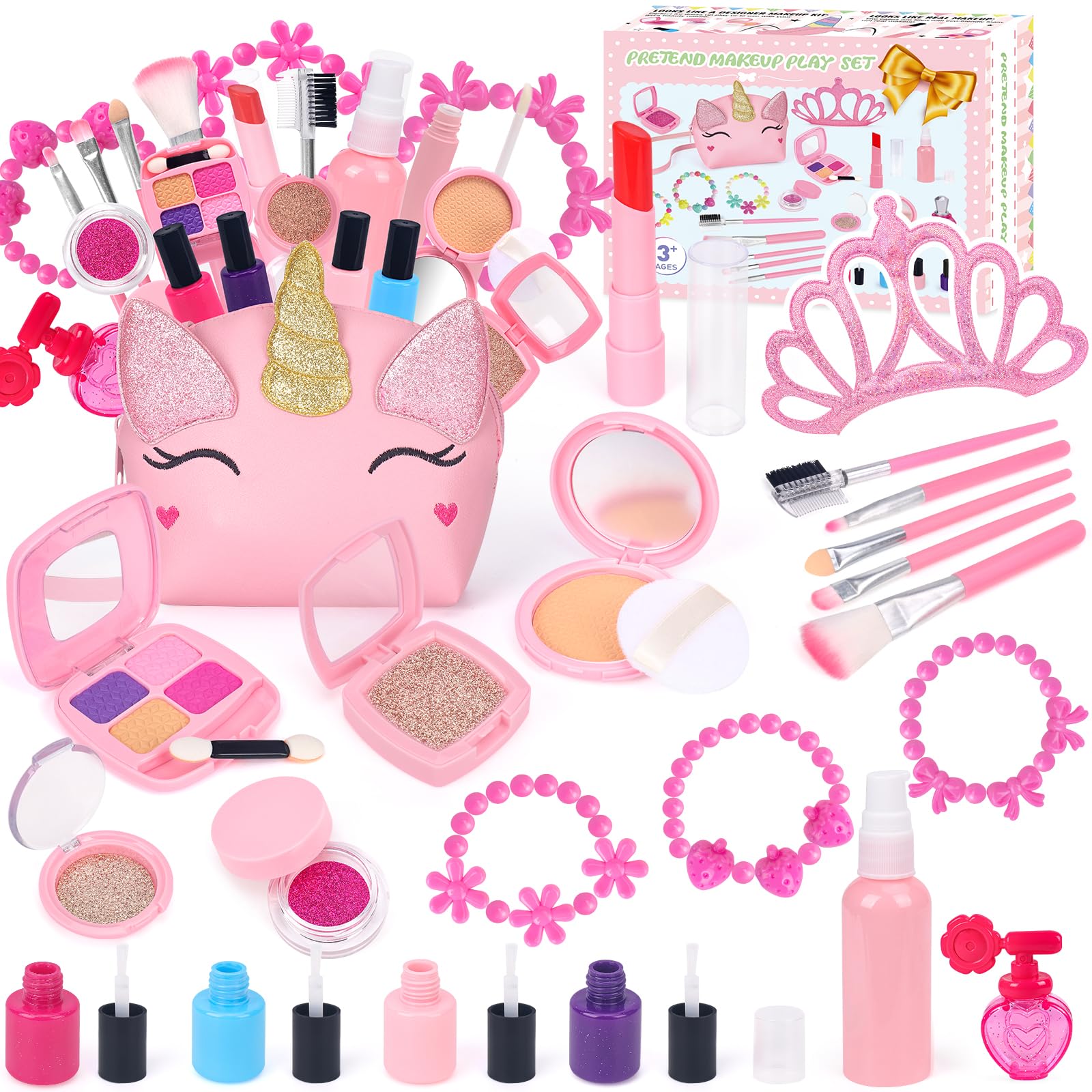 Pretend Makeup for Toddlers, Kids Makeup Kit for Girl, Play Makeup for Little Girls, Toddler Makeup Kit with Unicorn Bag for Little Girls Age 3 4 5 6 7+ Christmas Birthday Gift (Fake Makeup)
