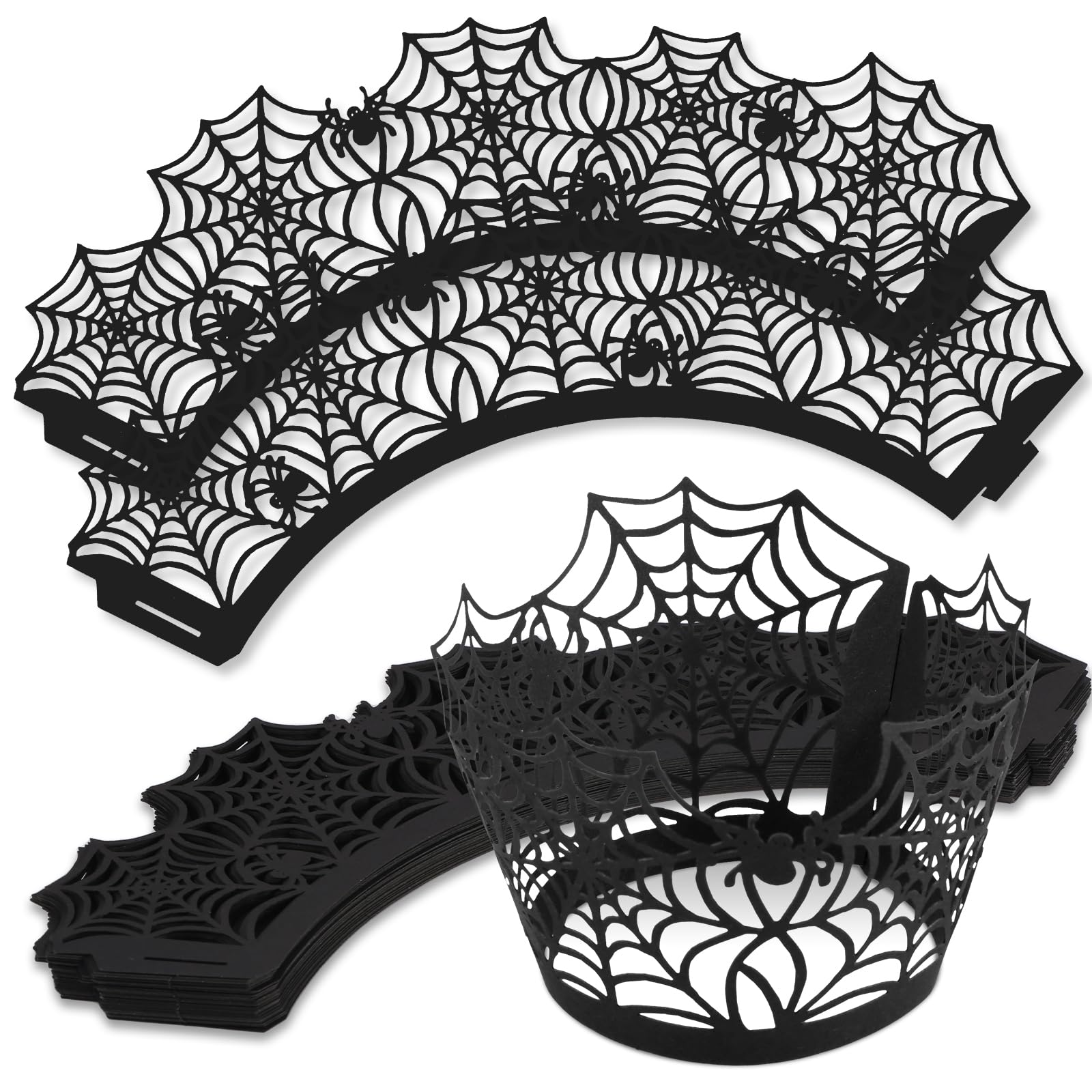 Emballages Cupcakes Halloween - 36 Pièces, Motif Toile D'araignée Noir, Papier Nacré, Diamètre ~19,7 Cm