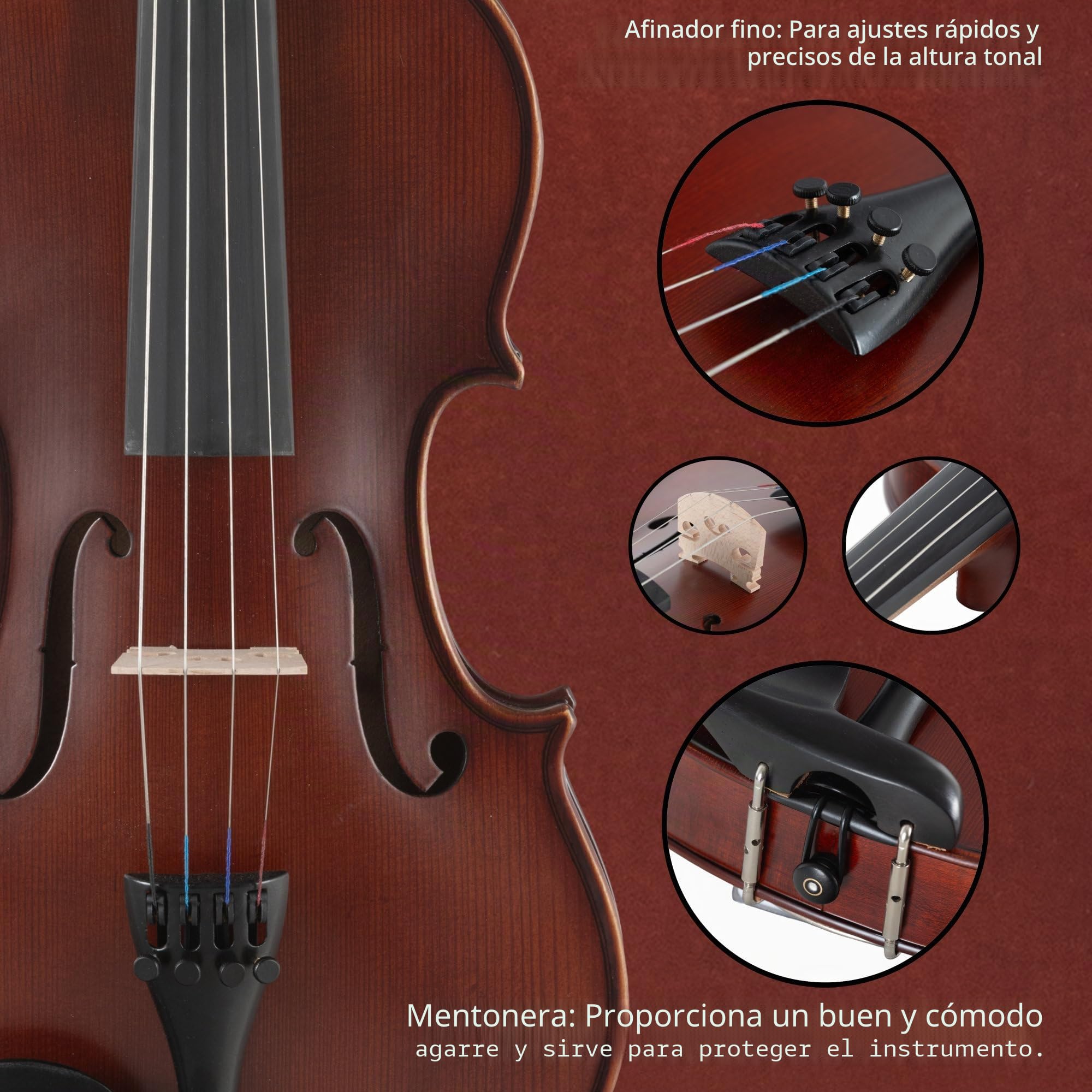 Classic Cantabile Brioso Set De Violín 4/4, Tapa tallada de pícea maciza | Fondo y aros de arce flameado, Diapasón, clavijas, cordal, cejuela y mentonera de ébano, Puente: arce, Longitud: 59, 5 cm