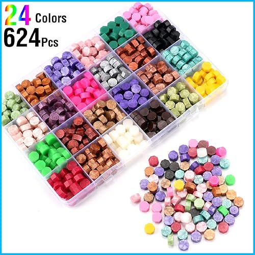 Miniatura 2 de CHUHUAYUAN Kit de sellos de cera con caja de regalo 24 colores y 624 cuentas de sello de cera con sello de cera calentador de cera de sellado