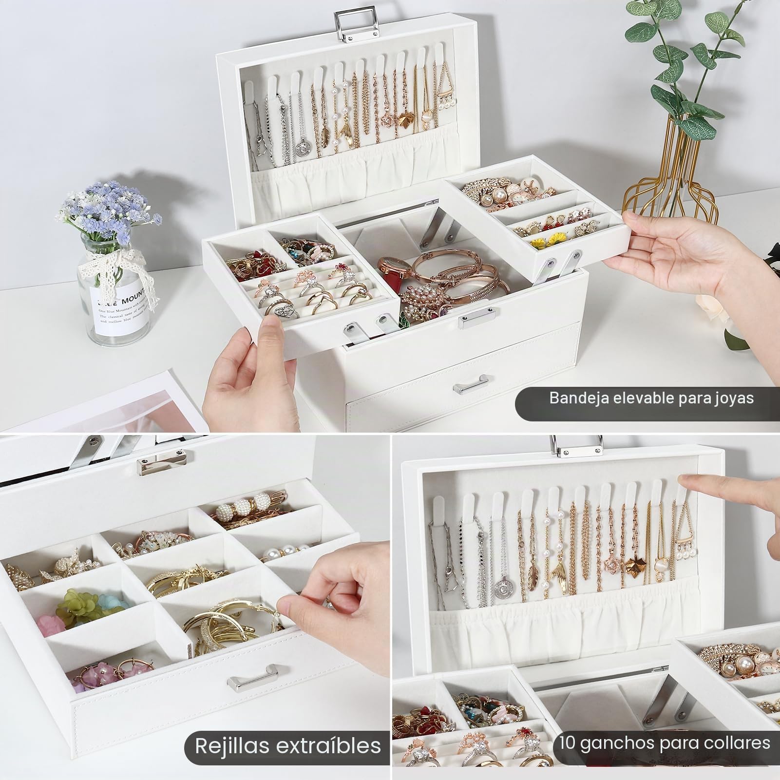 Caja joyero de 3 Niveles con Cajones y Cerradura, Caja para Joyas, Caja organizadora con bandejas, Organizador de Joyas para Pulseras, Pendientes, Anillos, Collares, Dia de la Madre, Blanco