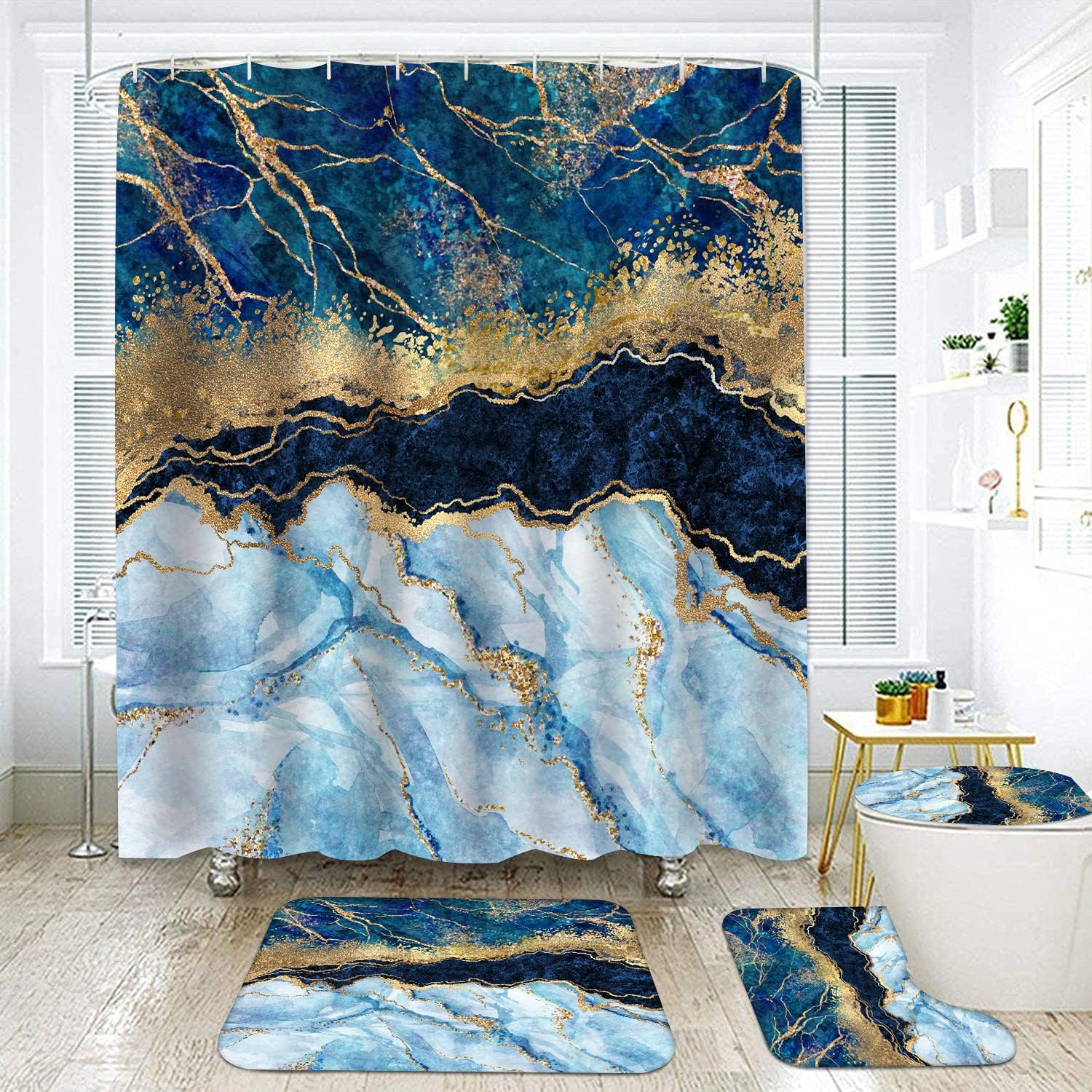 Marble Bathroom Sets with Rugs for Bathroom Decor, 72x72 Inches Gold Shower Curtain with Non-Slip Rugs and Accessories, Waterproof Machine Washable Bath (SC Set-Marble)