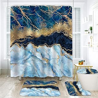 Marble Bathroom Sets with Rugs for Bathroom Decor, 72x72 Inches Gold Shower Curtain with Non-Slip Rugs and Accessories, Waterproof Machine Washable Bath (SC Set-marbleicegold)