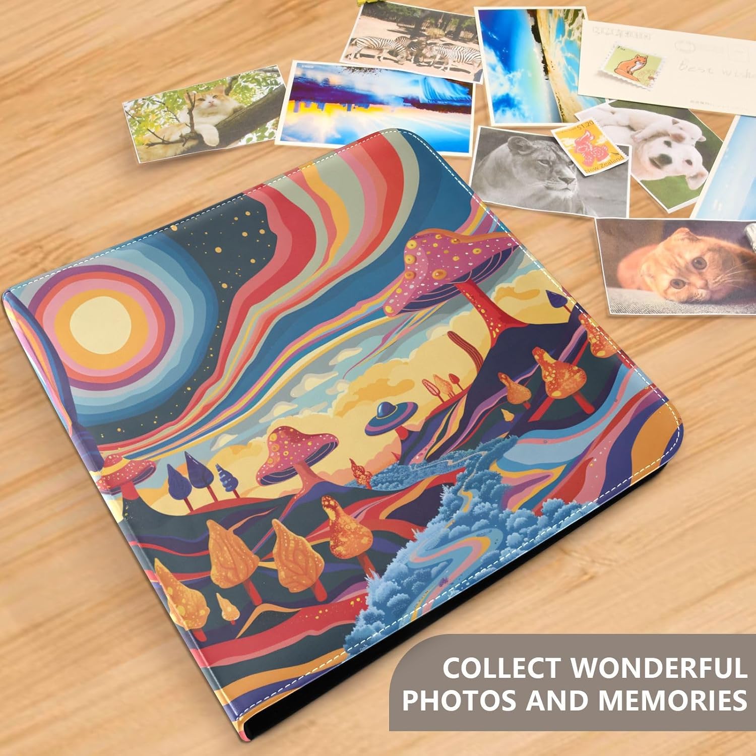 JIPONI Retro Psychedelic Groovy Landscape Large Photo Album, DIY Leather Cover Scrapbook Albums for 4x6 5x7 6x8 Pictures, Self Adhesive Memory Book for Wedding, Baby, Family