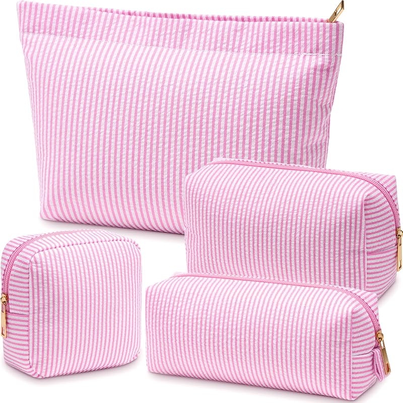 Sanwuta Conjunto com 4 necessaires de maquiagem em seersucker listrado, Light Pink