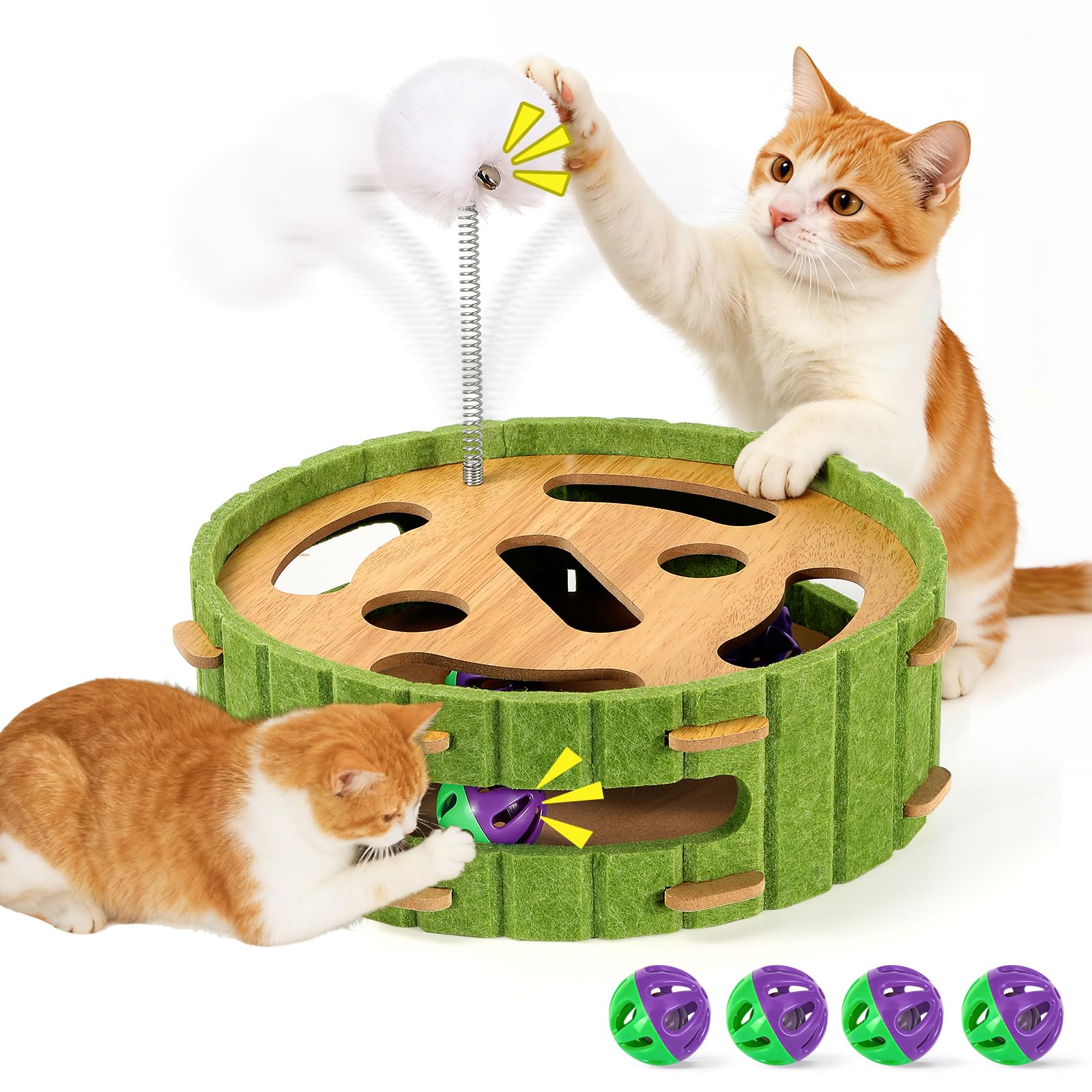 3-in-1 Interactive Cat Puzzle Toy with 4 Bell Balls 1Spring Ball, Felt Maze Game Box, Interactive Cat Toys for Brain Mental Stimulation, Indoor Hunting Game for Bored Cats, 28cm for Kittens