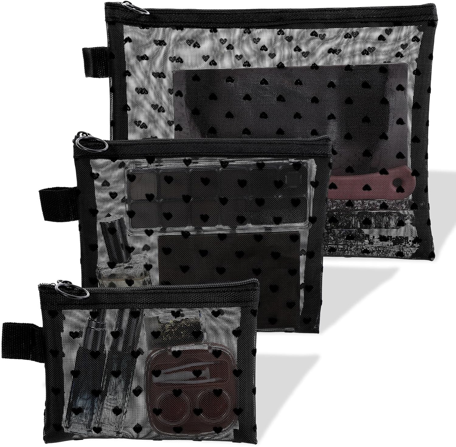 3pcs Mesh Cosmetic Bags Zipper Heart Print Pouches Purse Bags