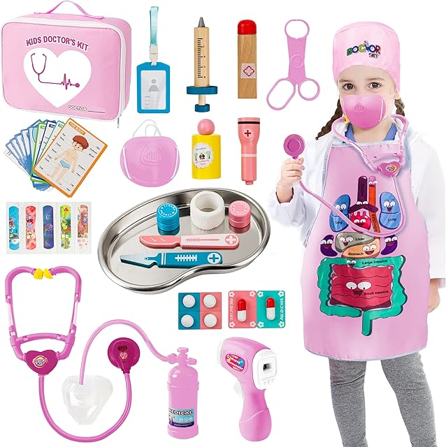 Kids Doctor Set , Pretend Doctor Kit for Kids Medical Set with Wooden Syringe, Stethoscope, Stainsteel Tray, Organ Apron Doctor Roleplay, Signable Washable Medical Bag for Kids Toddlers