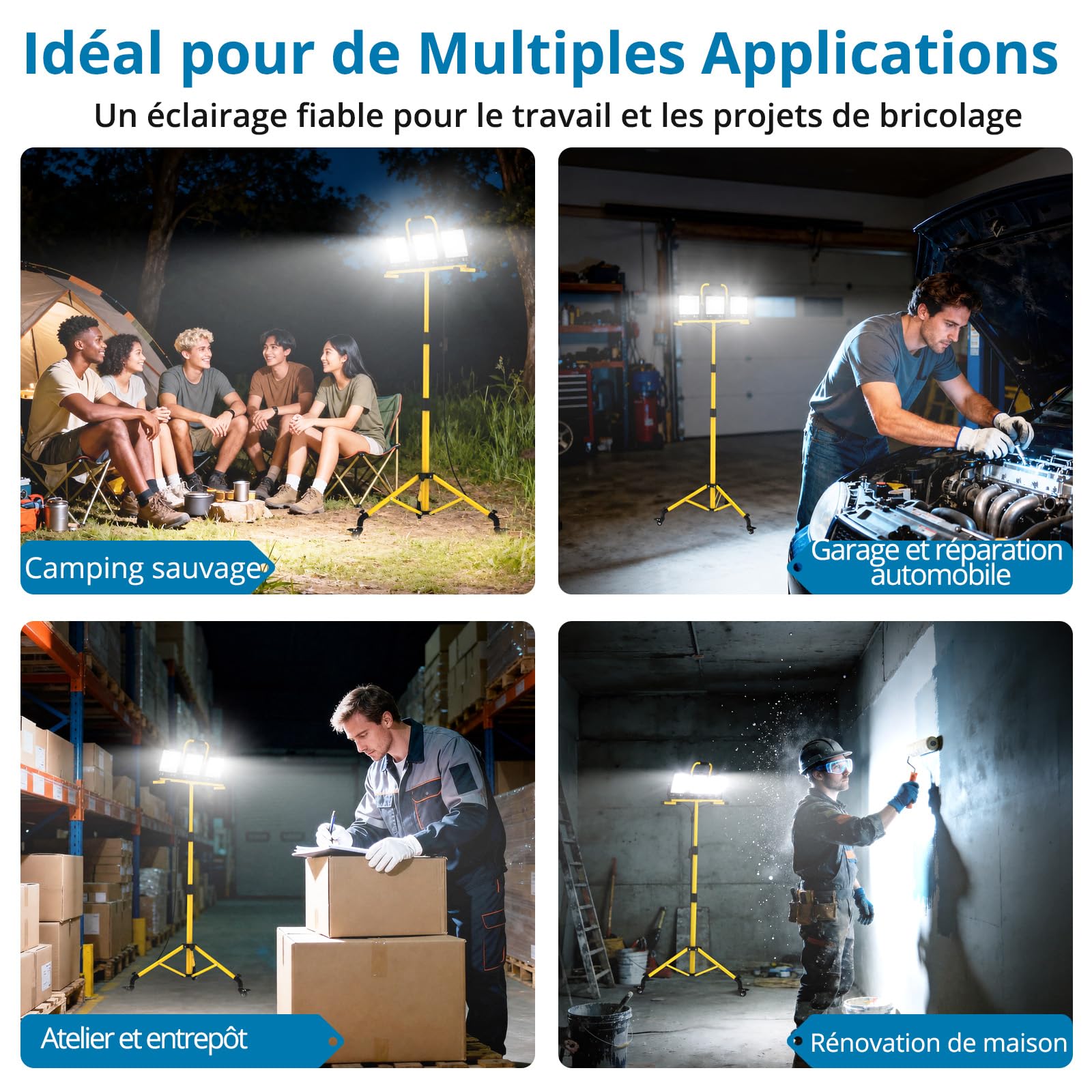 Projecteur Chantier LED 3X100W Sur Trépied 27000LM 3 Couleurs IP66 Câble 5M | AUTOUTLET 3 Modes de Température de Couleur 19000LM Lampes de Travail à LED Trépied Réglable Étanche IP66