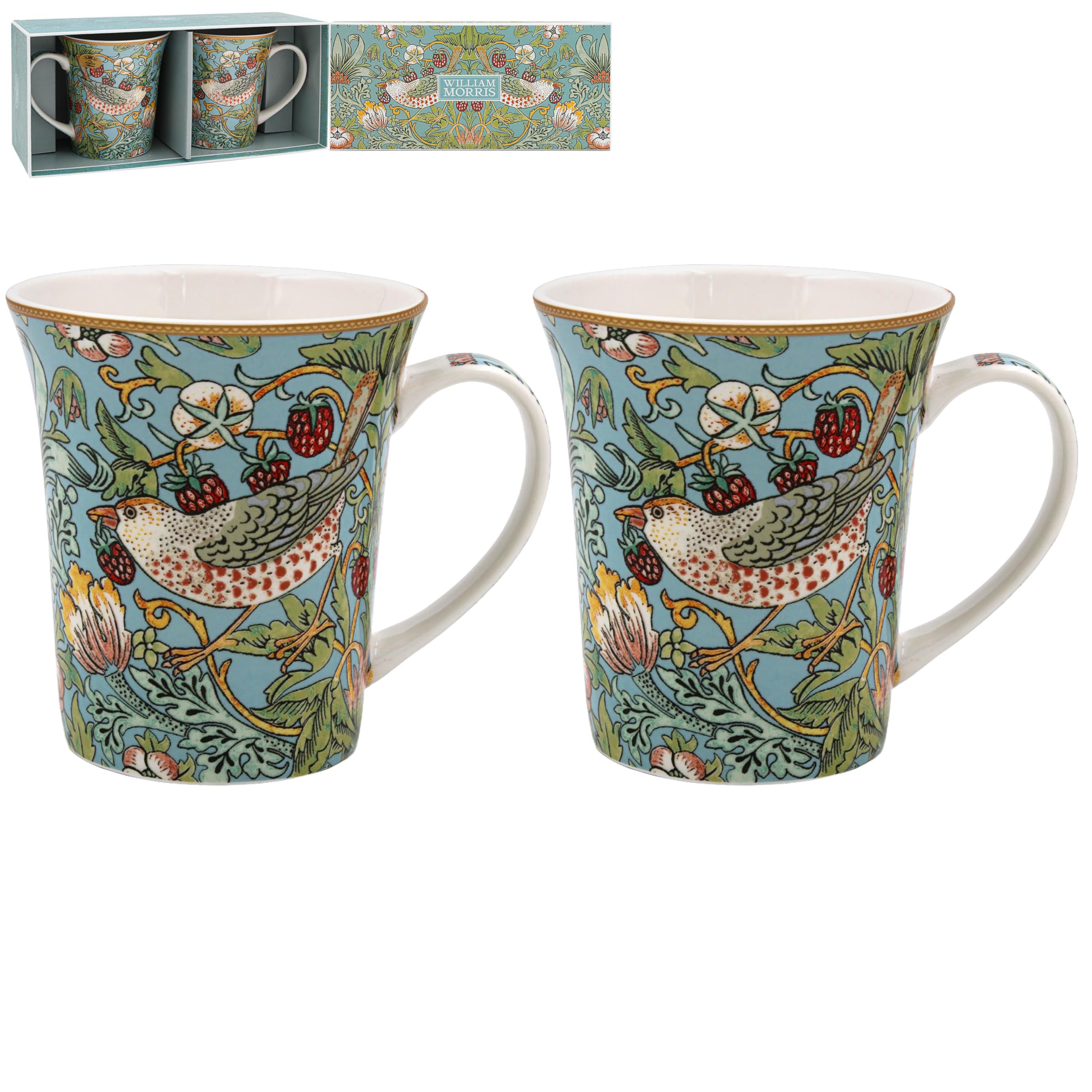 The Leonardo Collection William Morris Strawberry Thief Mugs Set 2 300ml for Coffee, Tea and Hot Drinks | Fine China Coffee Mugs for Daily Use | Practical Drinkware Gifts for Women & Men