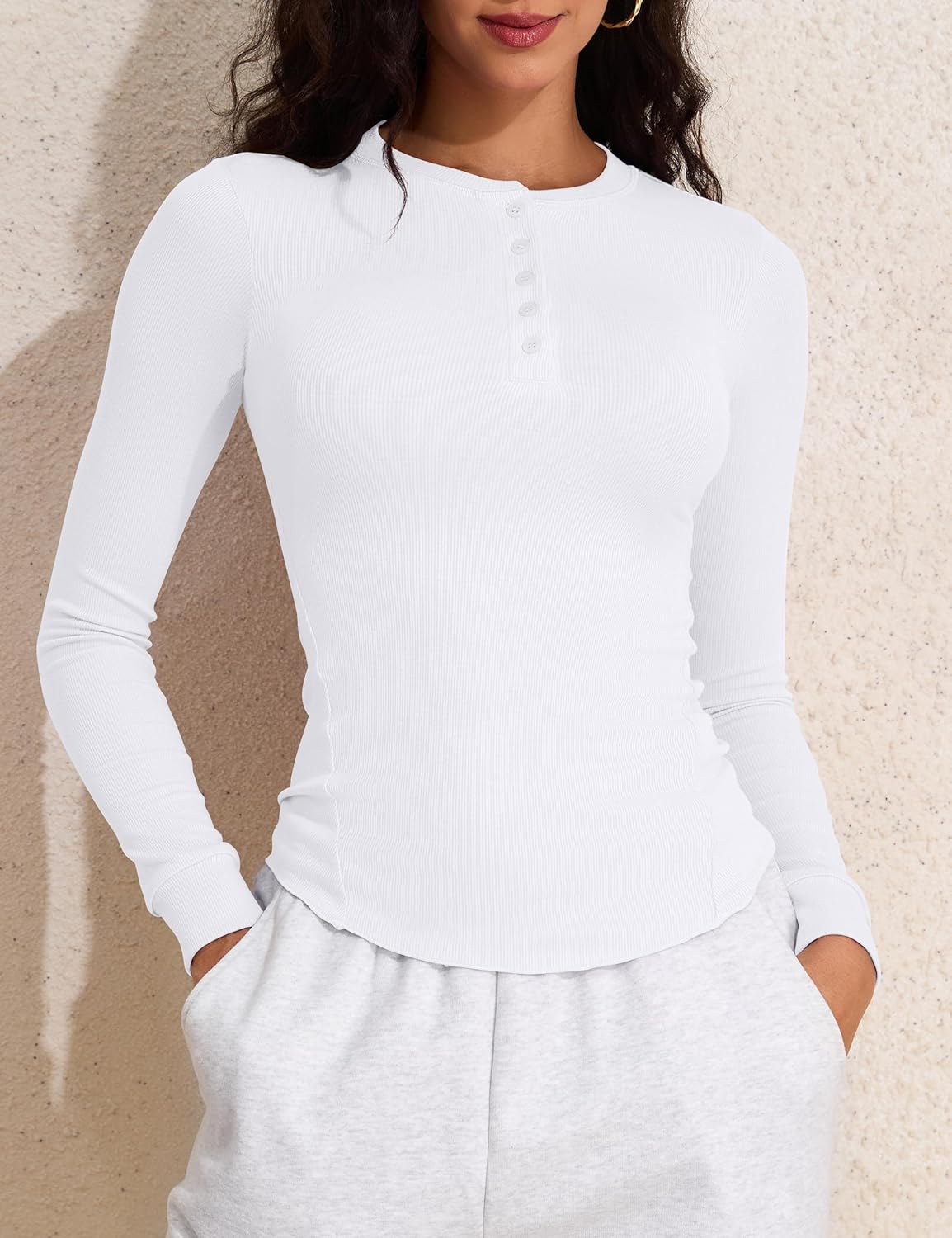 PrettyGuide Women's Long Sleeve Henley Shirt Fitted Ribbed Knit Stretchy Casual T Shirts Layering Basic Tops - Image 4