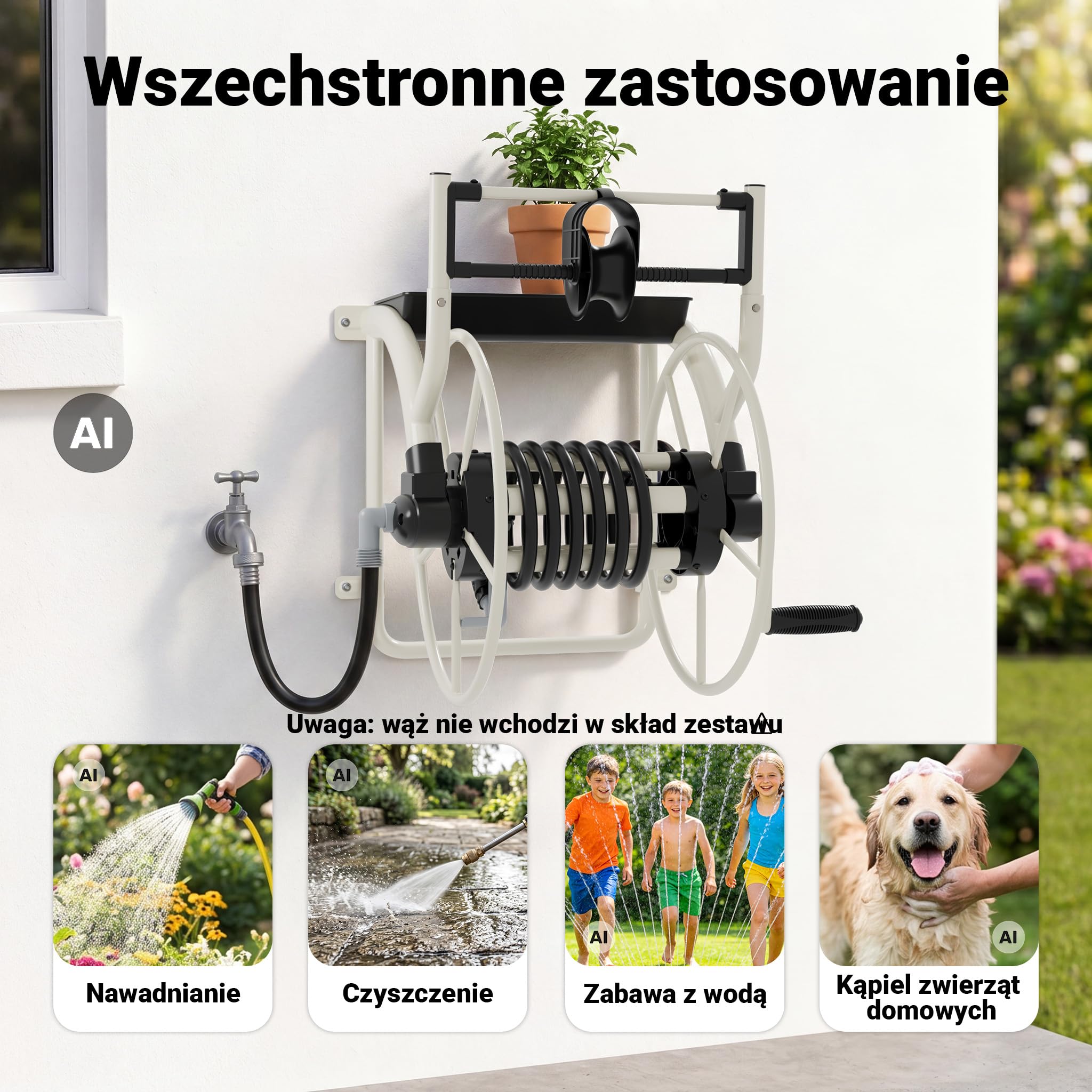 Metalowy bęben na wąż XPOtool, bęben na wąż ogrodowy do montażu na ścianie, z korbą ręczną, na 60 m węża wodnego, bez węża, nawadnianie ogrodu