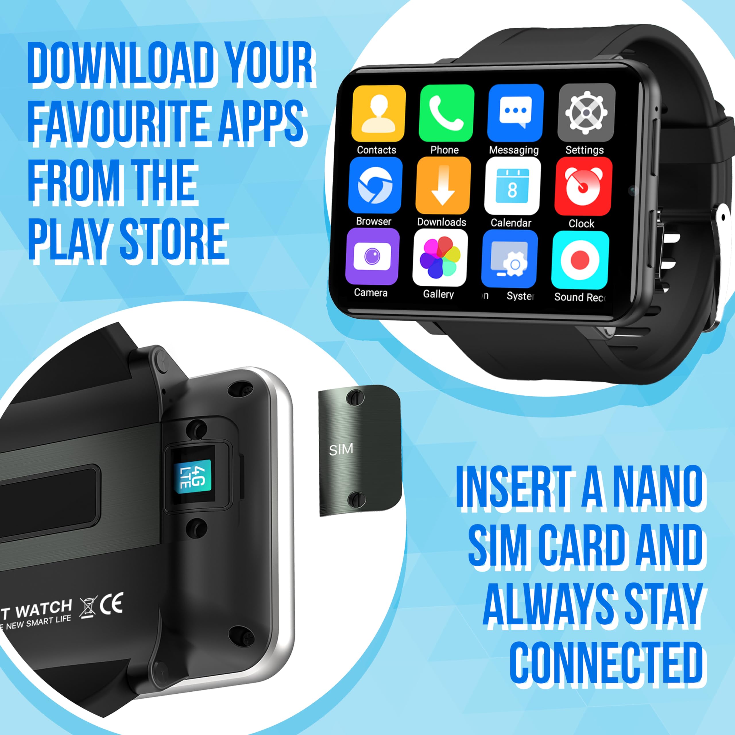 Silvergear® Smartwatch męski i damski XL, ekran dotykowy 2,4 cala, bardzo duży smartwatch, pamięć 16 GB, aparat, połączenia, aplikacje, zegarek fitness z pulsometrem iOS, Android
