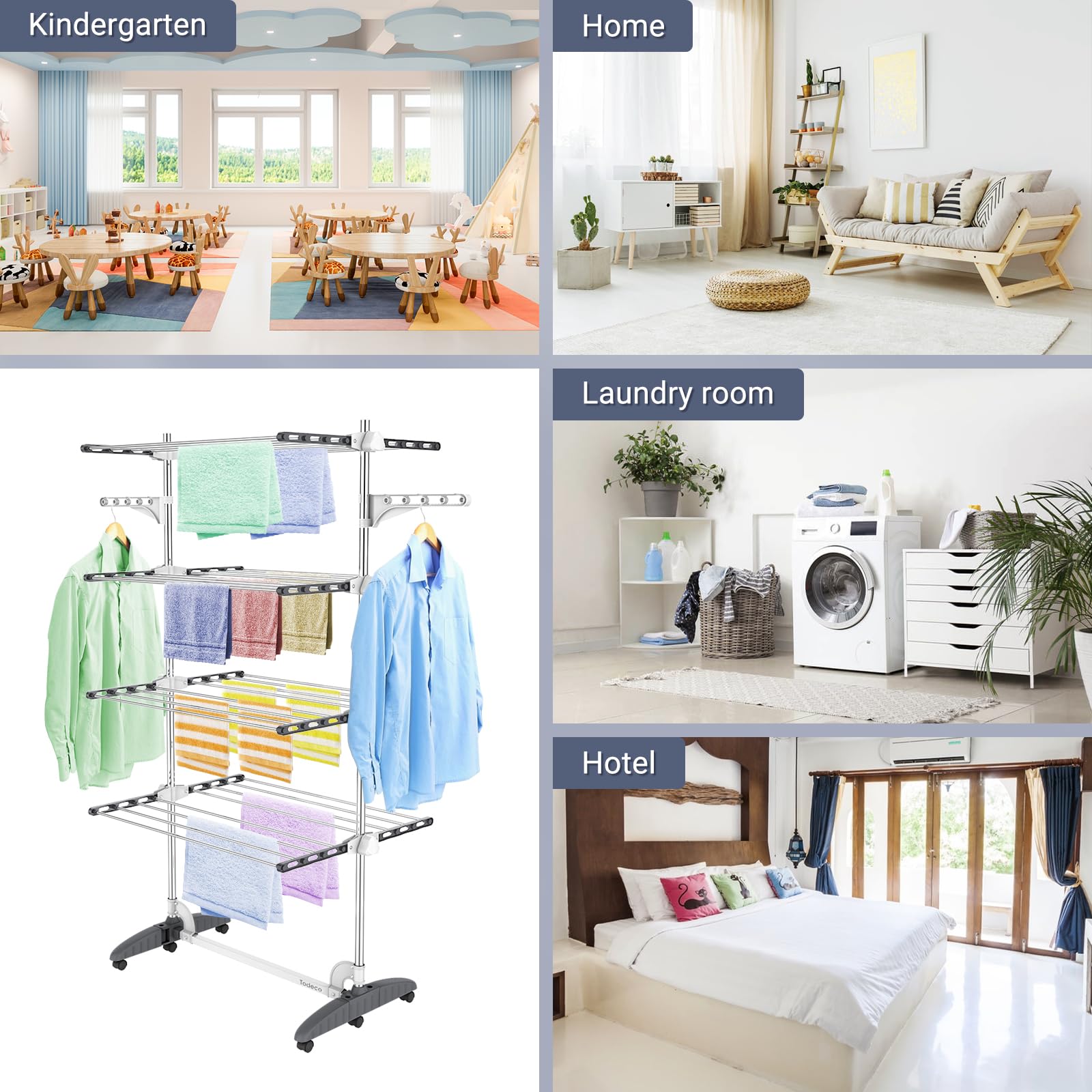 Todeco Séchoir à Linge Pliant intérieur, Etendoir à Linge à 4 Niveaux, Gris