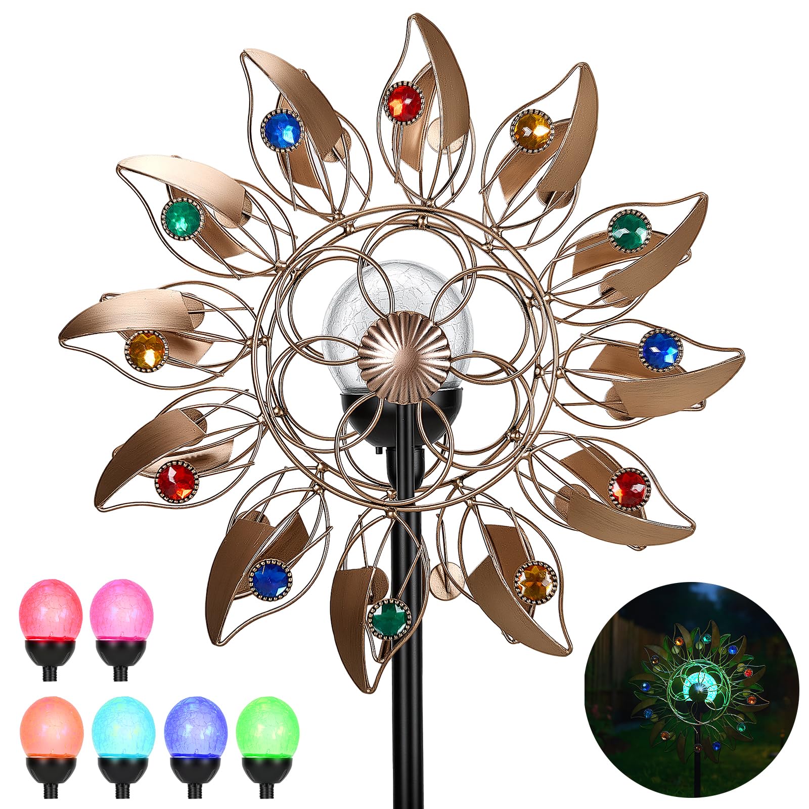 Solar Windrad Garten Metall mit Farbwechsel LED - Großes Windspiel Garten 190cm, Wetterfestes Windspiel Metall mit Federblättern & Kupfer-Optik, Windmühle für Außen Terrasse Balkon
