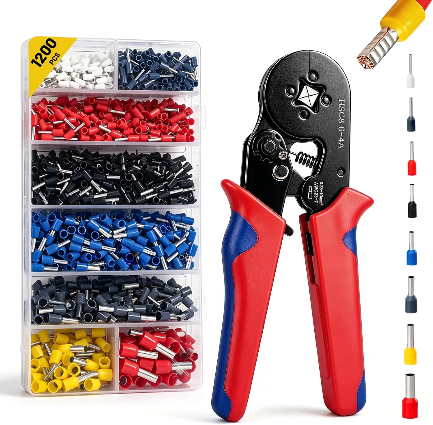 Ferrule Crimping Tool Kit, Self-Adjusting Ratchet Ferrule Crimper (AWG 23-7) with 1200Pcs Copper Wire Ferrule Kit, Wire End Terminals Set for Electrical Automotive Audio DIY