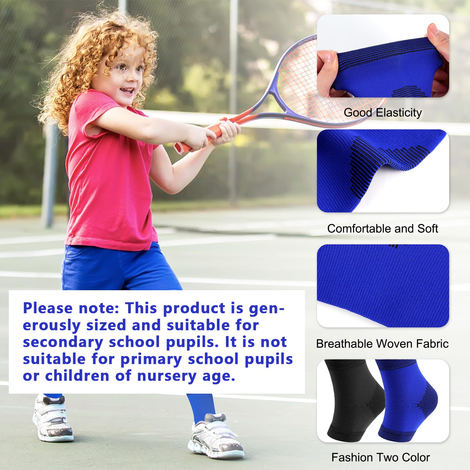 Leikedun 2 paia di cavigliere/calze di supporto per studenti delle scuole medie (13-19 anni) – Con supporto dell'arco plantare, calze sportive elastiche per basket, calcio e corsa – Blu/Nero