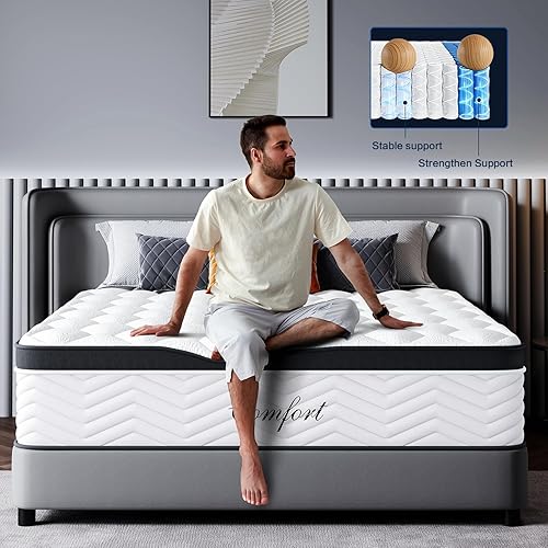 Vista 2 de Colchón matrimonial de 14 pulgadas, colchón híbrido de firmeza media en una caja con resortes ensanchados, alivio de presión y aislamiento