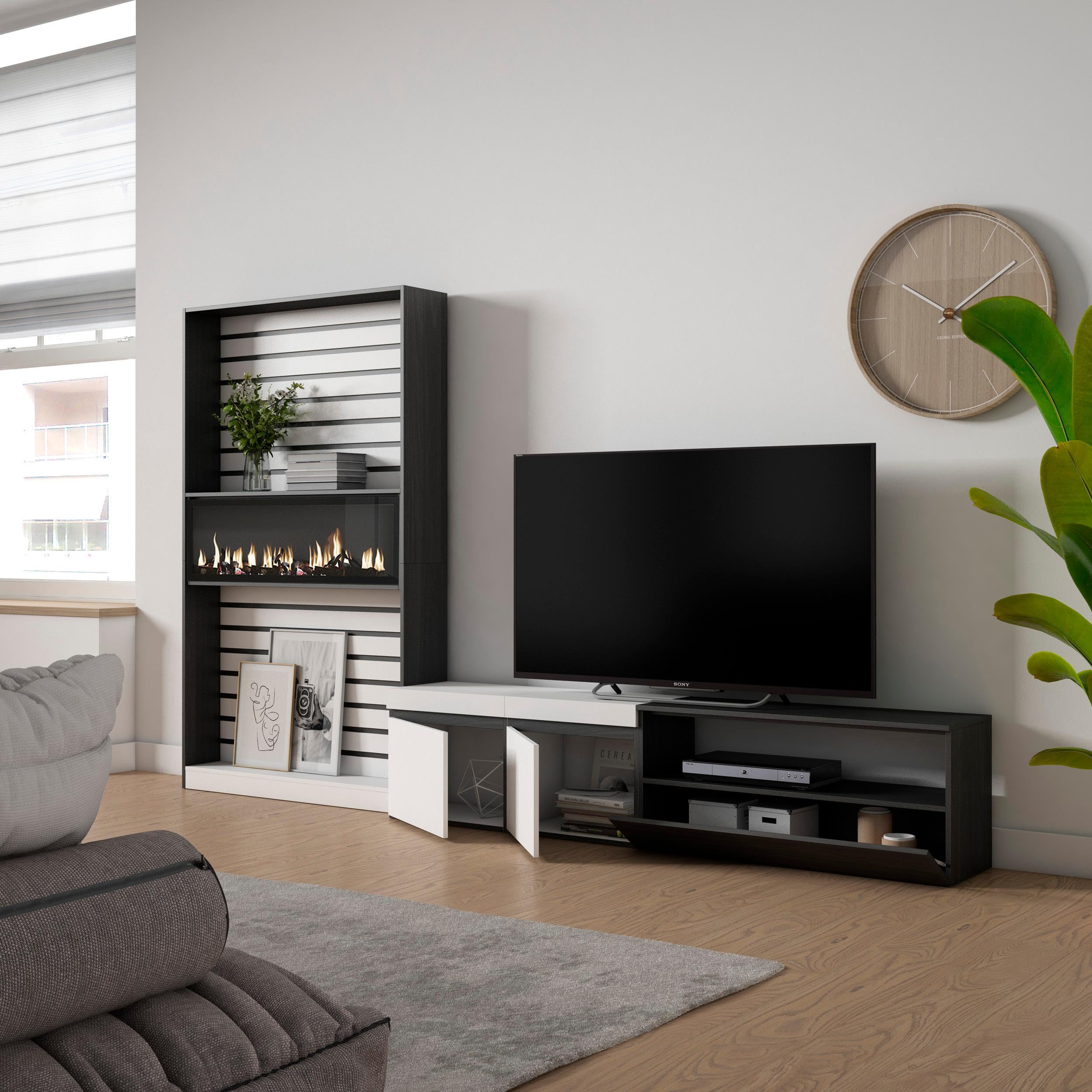 Skraut Home | Muebles de Salón para TV | Conjunto de Muebles Comedor | 210x186x35cm | para TV hasta 80" | Chimenea eléctrica | Estilo Moderno | Blanco y Negro
