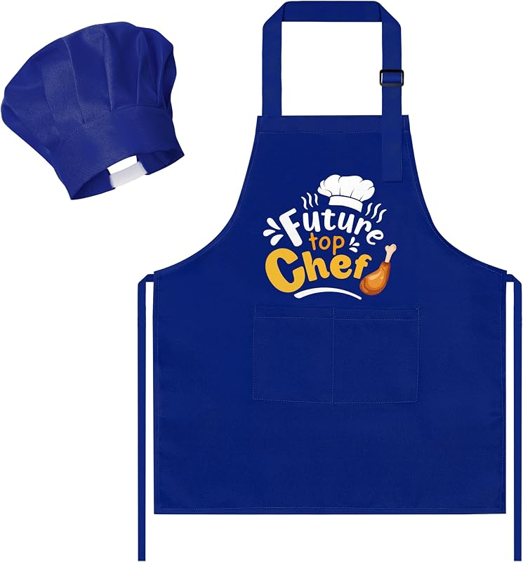 R HORSE Juego de delantal y gorro de chef para niños de 2 piezas, juguete de chef para juegos de rol | Delantal de cocina ajustable para niños Blue Future Top Chef con bolsillos, ideal para cocinar, hornear, pintar, cocinar, regalo de cumpleaños