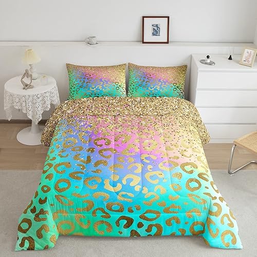 Feelyou Juego de edredón de leopardo dorado con purpurina, juego de ropa de cama con estampado de animales salvajes, juego de edredón acolchado de