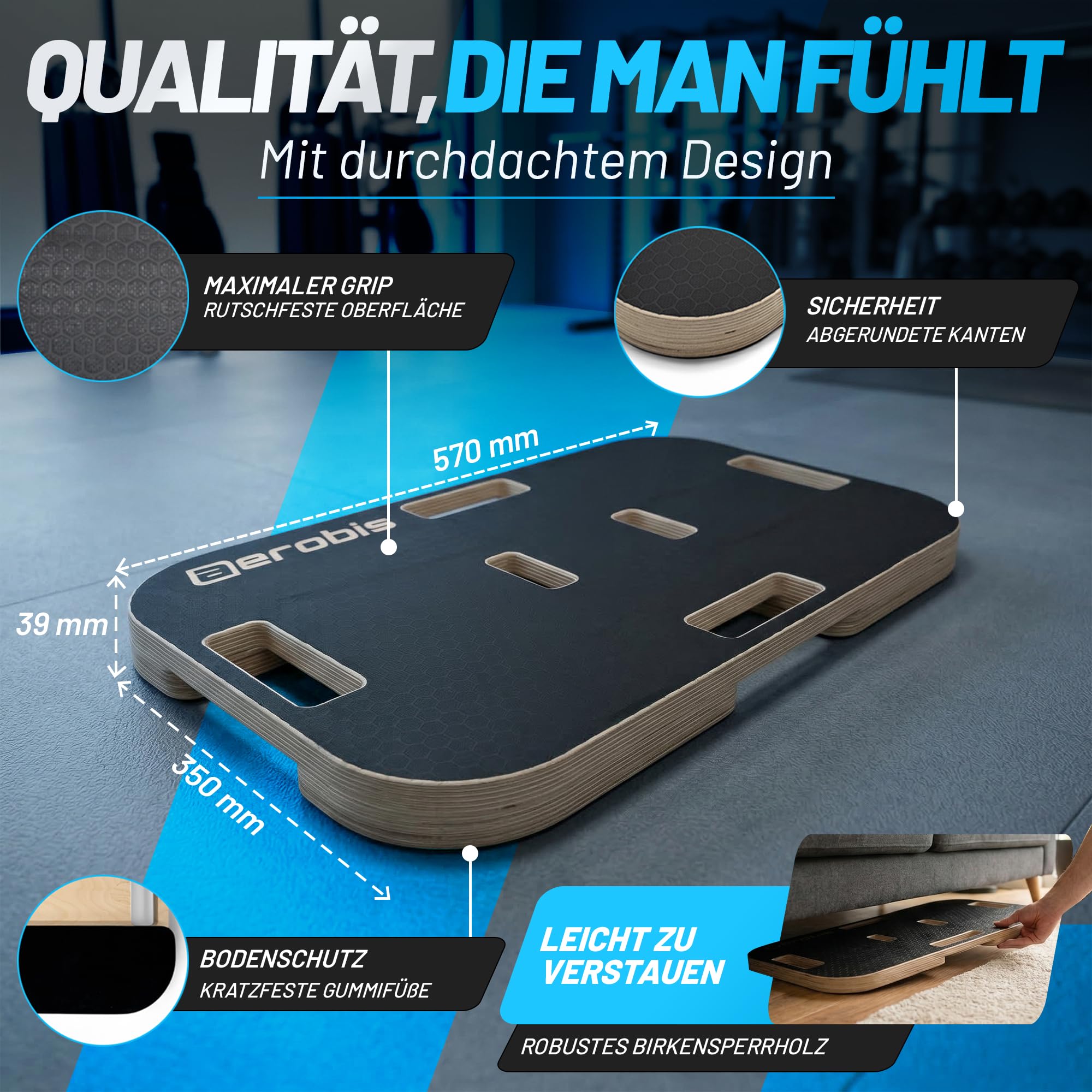 aerobis® Base Board – Trainingsplattform aus Holz für Widerstandstraining – Rutschfeste Fitness-Platte mit Gummifüßen – Kompatibel mit Powerbands & Powrlink – 570x350mm – Belastbar & stabil