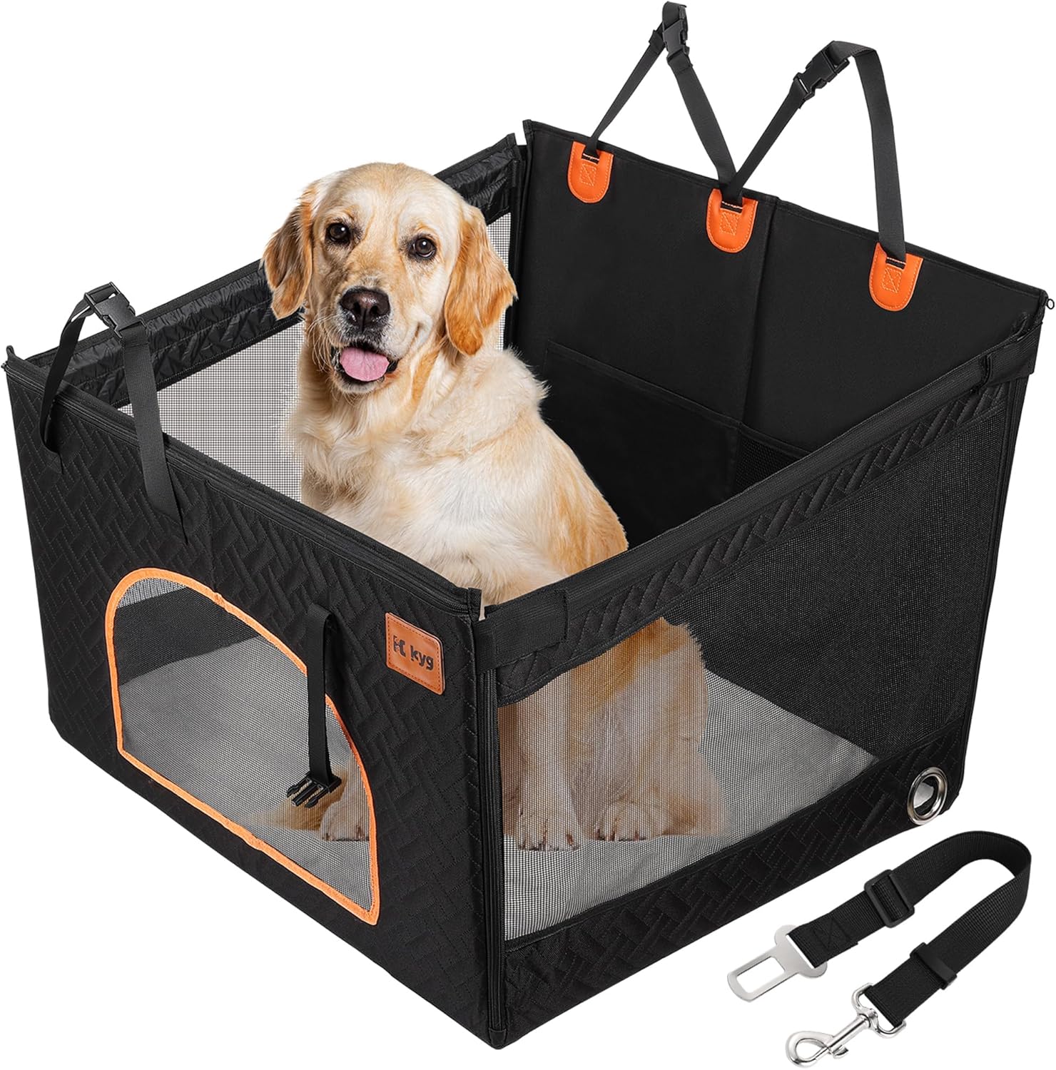 KYG Large Dog Car Seat for Large Medium Size Dogs with Cushion, Waterproof Hard Bottom Car Seat Cover for Dogs with 3 Mesh Windows, Foldable Pet Carseat for Cars/SUVs/Trucks