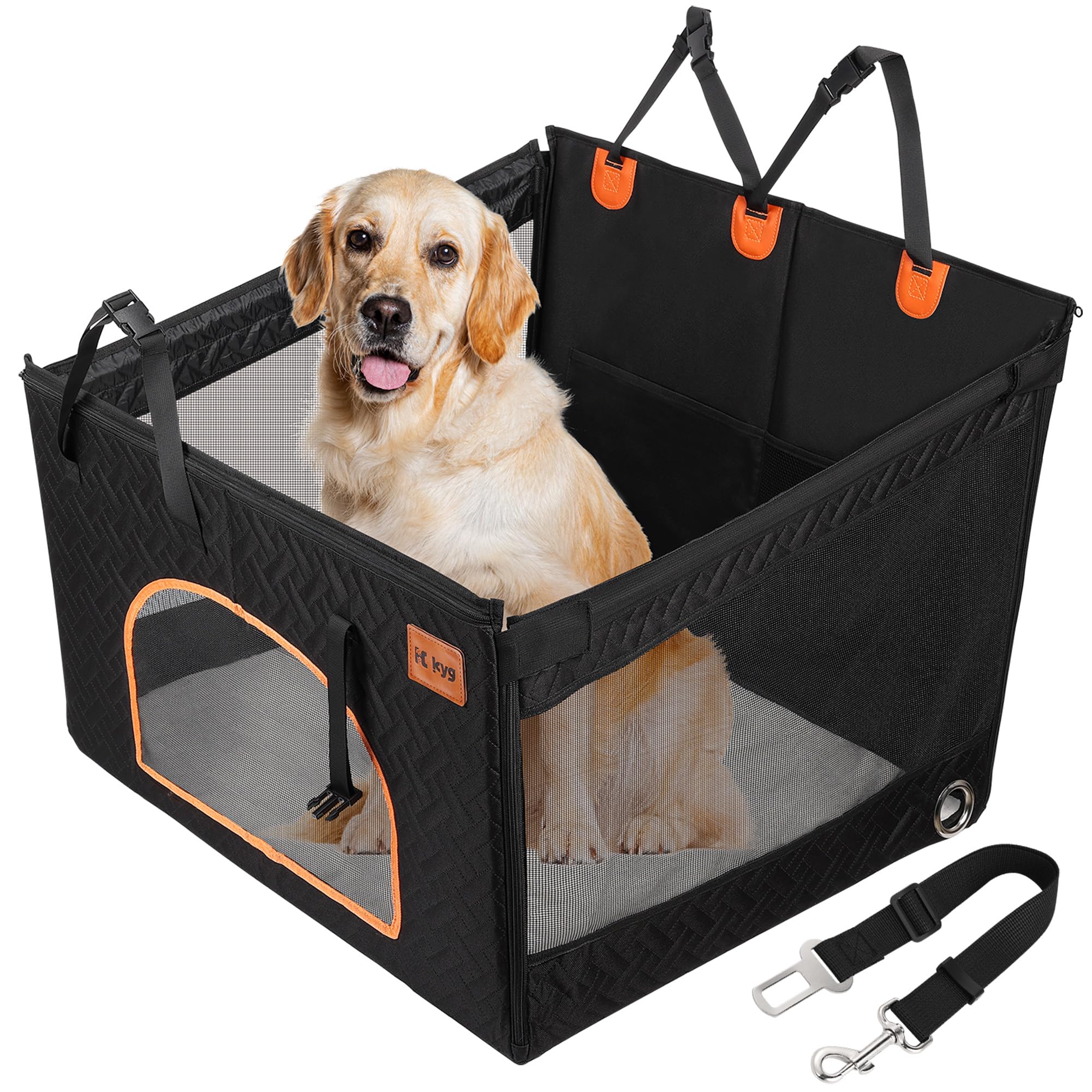 KYG Large Dog Car Seat for Large Medium Size Dogs with Cushion, Waterproof Hard Bottom Car Seat Cover for Dogs with 3 Mesh Windows, Foldable Pet Carseat for Cars/SUVs/Trucks
