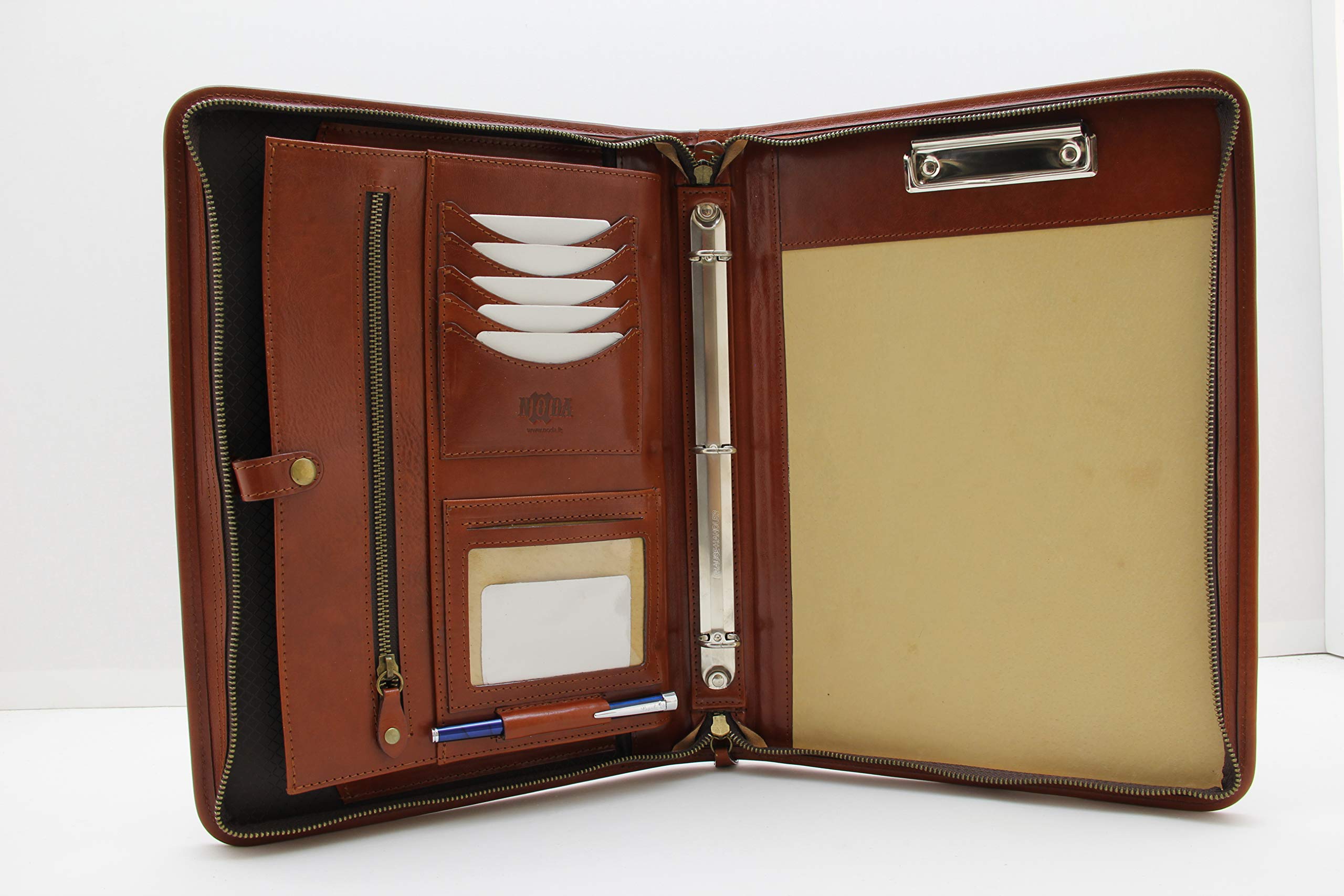 Noda Executive Leather Padfolio 3 raccoglitore ad anelli Professional Business portfolio W/chiusura con cerniera cognac