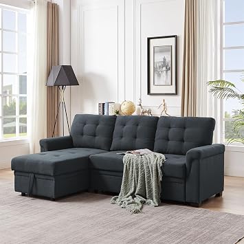 Corner Sofa Bed, L-Shaped Corner Sofa Bed with Storage, Padded Sectional Transformable Sofa, Stylish Functional Couch Sectional Settee Sleep Reversible Storage Chaise - Linen Dark Gray