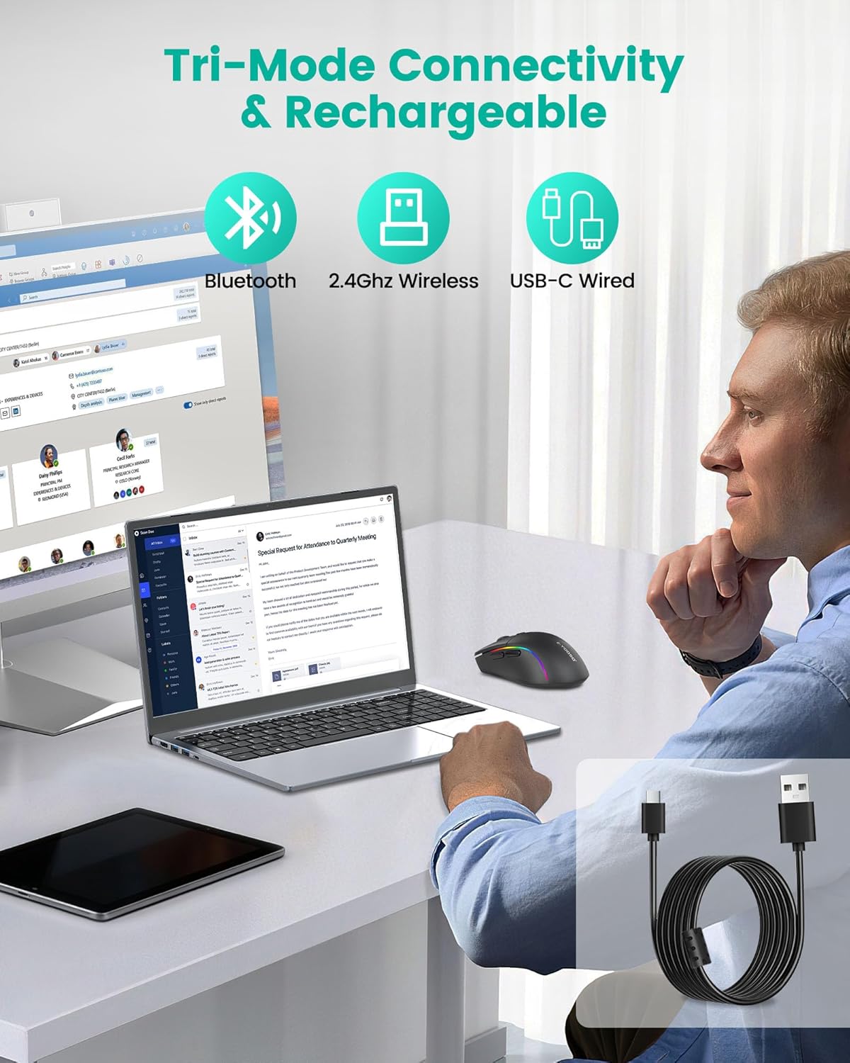 Wireless Bluetooth Mouse Rechargeable with RGB Backlit M22, Comfortable Office Mice for Computer Laptop with Adjustable DPI and Polling Rate, Bluetooth/2.4G/ USB-C Wired Connection