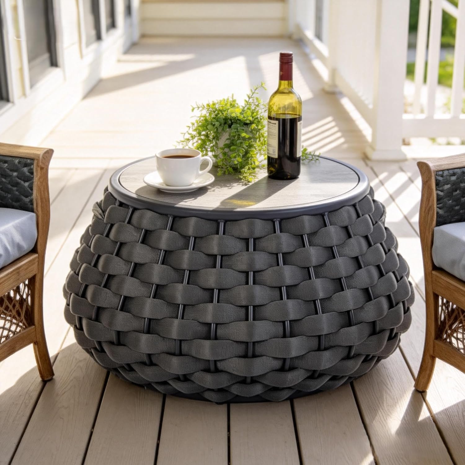 Large Round Outdoor Wicker Side Table, 28 Inches Patio End Table with Removable Wood Top, Outside Coffee Table, All-Weather Metal Frame, Hollow Out Bottom Storage, for Balcony, Porch, Garden, Gray