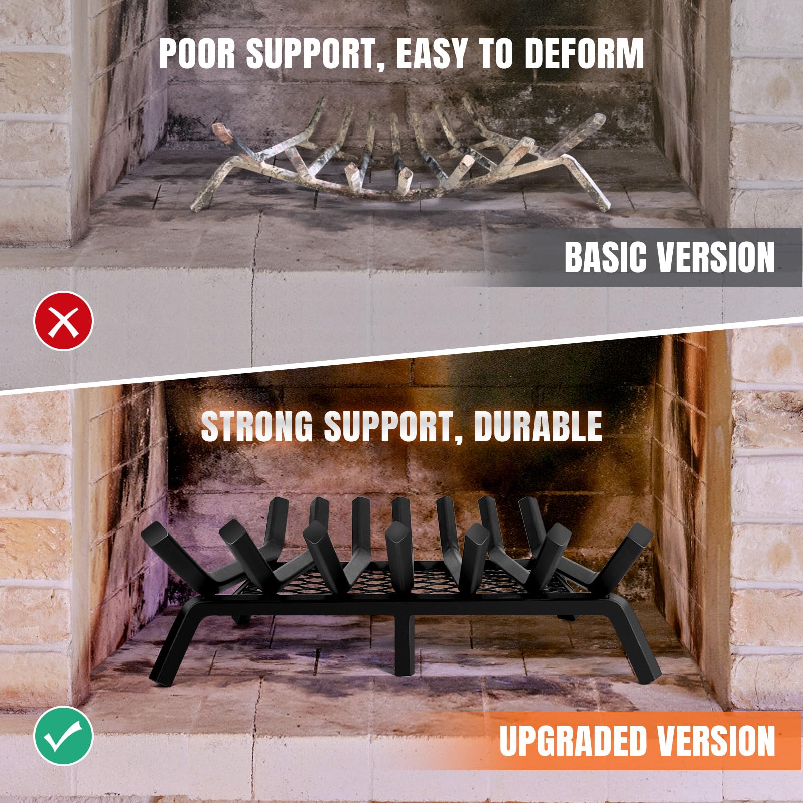 INNO STAGE Griglie per caminetto con fermo per brace, 53 cm, in acciaio massiccio resistente, 7 barre, griglia antincendio, all'interno in ghisa battuta, stufa a legna per interni ed esterni