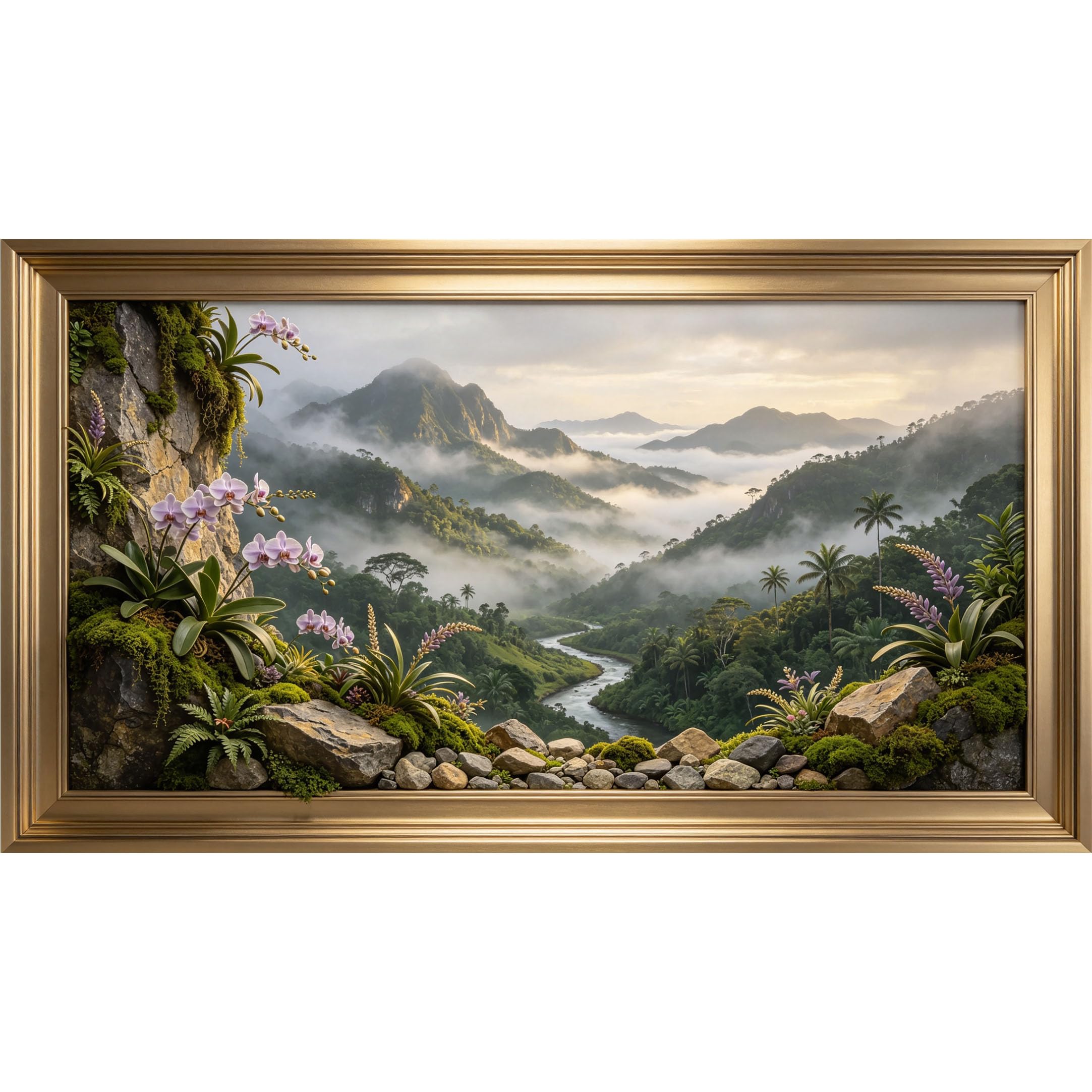 QZLITHOTIC 50x90cm3D Framed Wall Art， Tropical Mountain Valley River Landscape Orchid Botanical Self‑Adhesive Mural， Water‑Activated Peel & Stick Fabric Decor Wall Decal for Bedroom Living Room