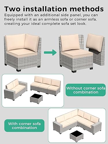 Miniatura 7 de Juego de sofá modular de mimbre para exteriores, 6 piezas, juego de muebles de patio de 5 asientos con cojines gruesos de 4 pulgadas y mesa