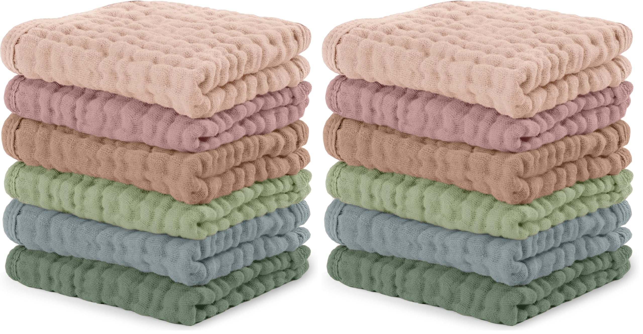 Comfy Cubs Muslin Baby Washcloths 12 Pack - Soft 6-Layer Cotton Wash Cloths for Sensitive Skin - 10"x10" Large, Gentle, Absorbent Infant Essentials for Newborn and Toddlers - Multicolor