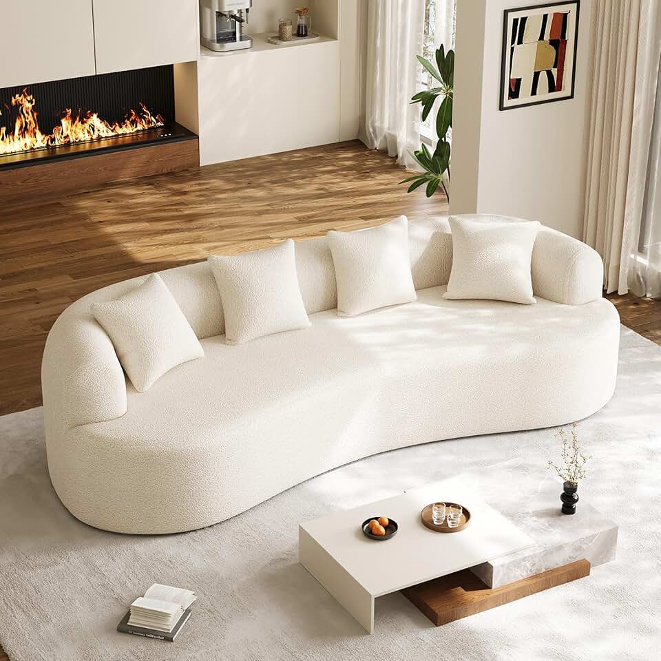 Oversized Sectional Sofa for Living Room, Modern Luxury Plush Chenille 4-Seater Extra Deep & Wide Seat Curved Cloud Couch with 4 Throw Pillows, No Assembly Needed, Cream White