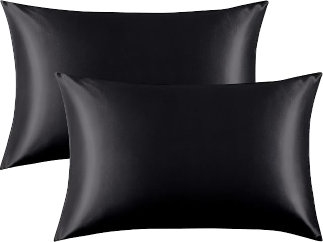 FLXXIE 2 Pack Satin Pillowcases for Skin and Hair, Luxurious and Silky Queen Pillow Cases with Envelope Closure, Black, 50x75 cm