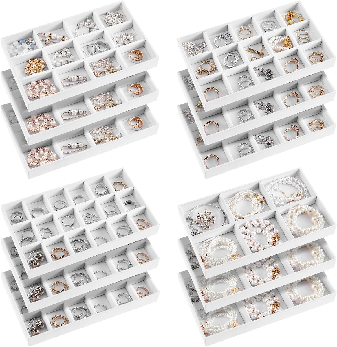 12 Pcs Jewelry Tray Velvet Stackable Jewelry Organizer Trays Divided Earring Accessories Storage Containers Box (Rose Red)