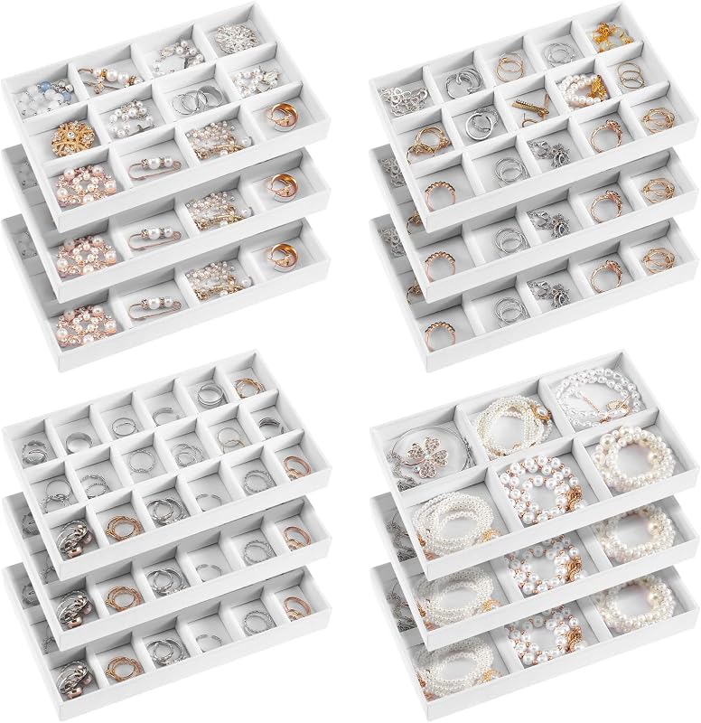12 Pcs Jewelry Tray Velvet Stackable Jewelry Organizer Trays Divided Earring Accessories Storage Containers Box (Rose Red)