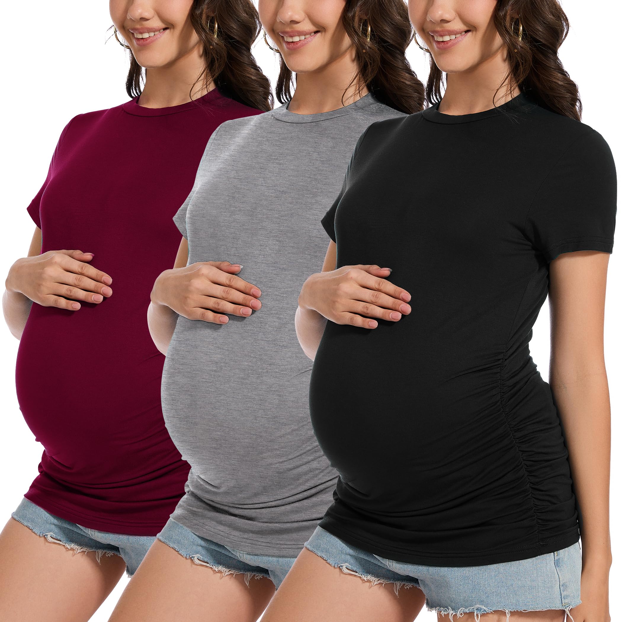Smallshow Camicie premaman da donna, girocollo, maniche corte, vestiti per gravidanza, confezione da 3
