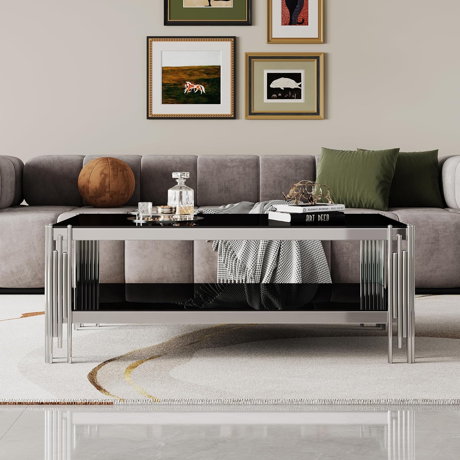 Pvillez Glass Coffee Table, 47" Rectangular Center Table with Double Layer Black Tempered Glass and Silver Mirror Finished Stainless Steel Frame, Modern Luxury Coffee Table Center Table Cocktail Table