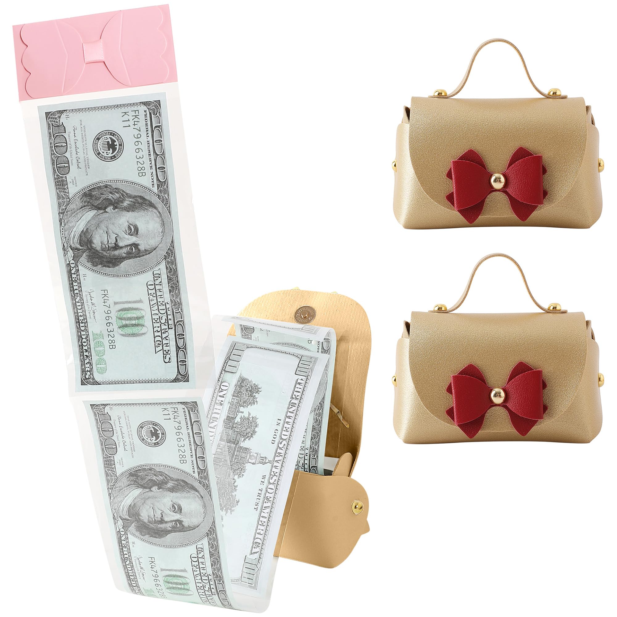 Litvana Pull-Out Money Gift Box - 2 Pieces Leather Surprise Present Cash Box with Bow for Birthdays, Anniversary & Christmas Gold
