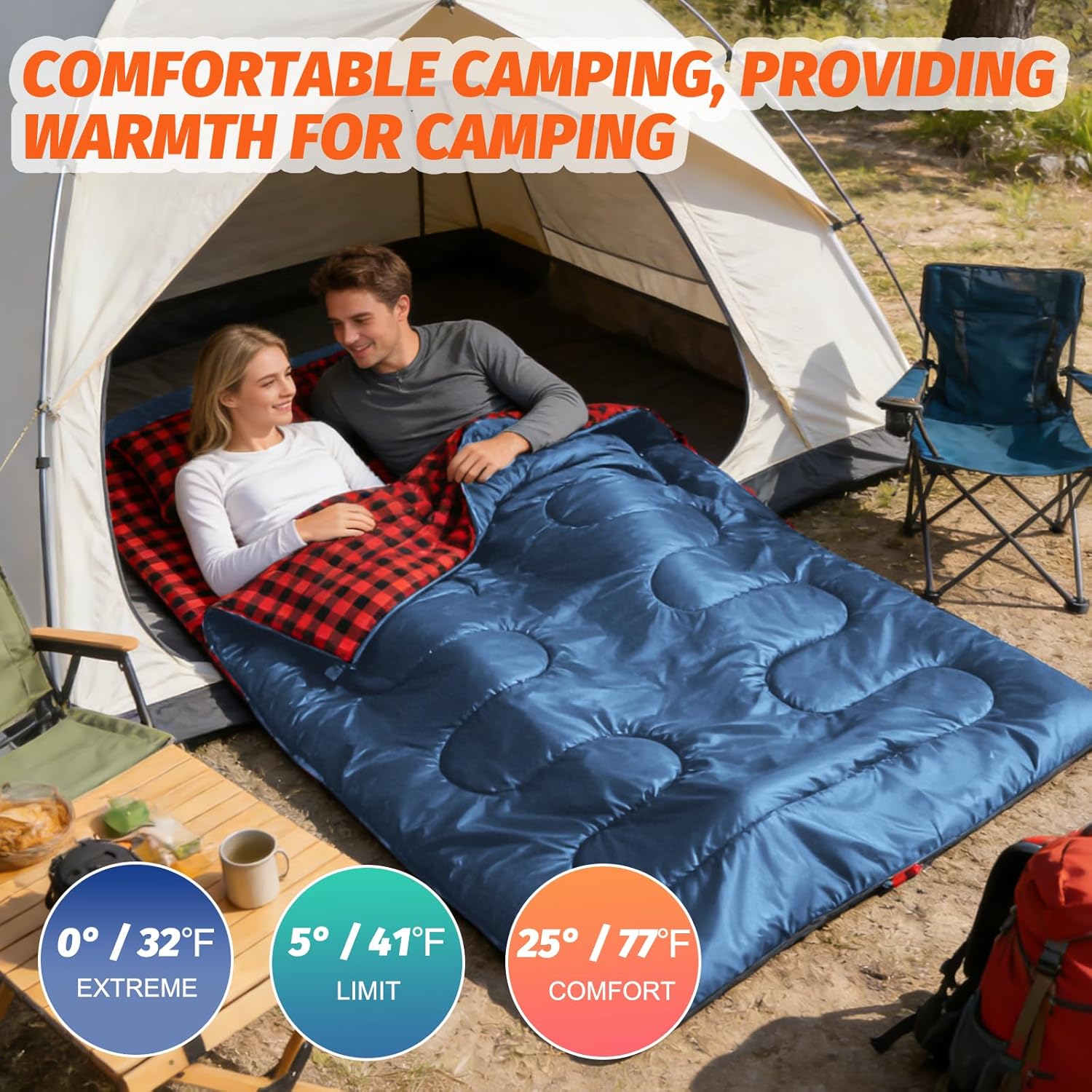 swtmerry double sleeping bag for adults with 2 pillows, big&tall xl queen size sleeping bag for 2 person, waterproof 2 person sleeping bags for 3 seasons,cold weather&warm,camping,hiking & backpacking blue/red