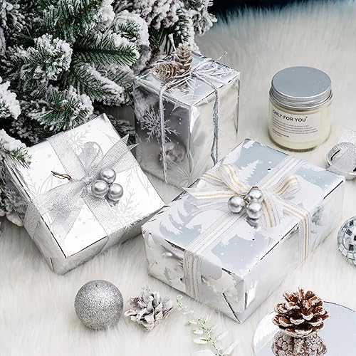 Miniatura 4 de MAYPLUSS Rollo de papel de regalo de Navidad, mini rollo, 17 x 120 pulgadas por rollo, oso plateado, copos de nieve con diseño de lámina dorada con