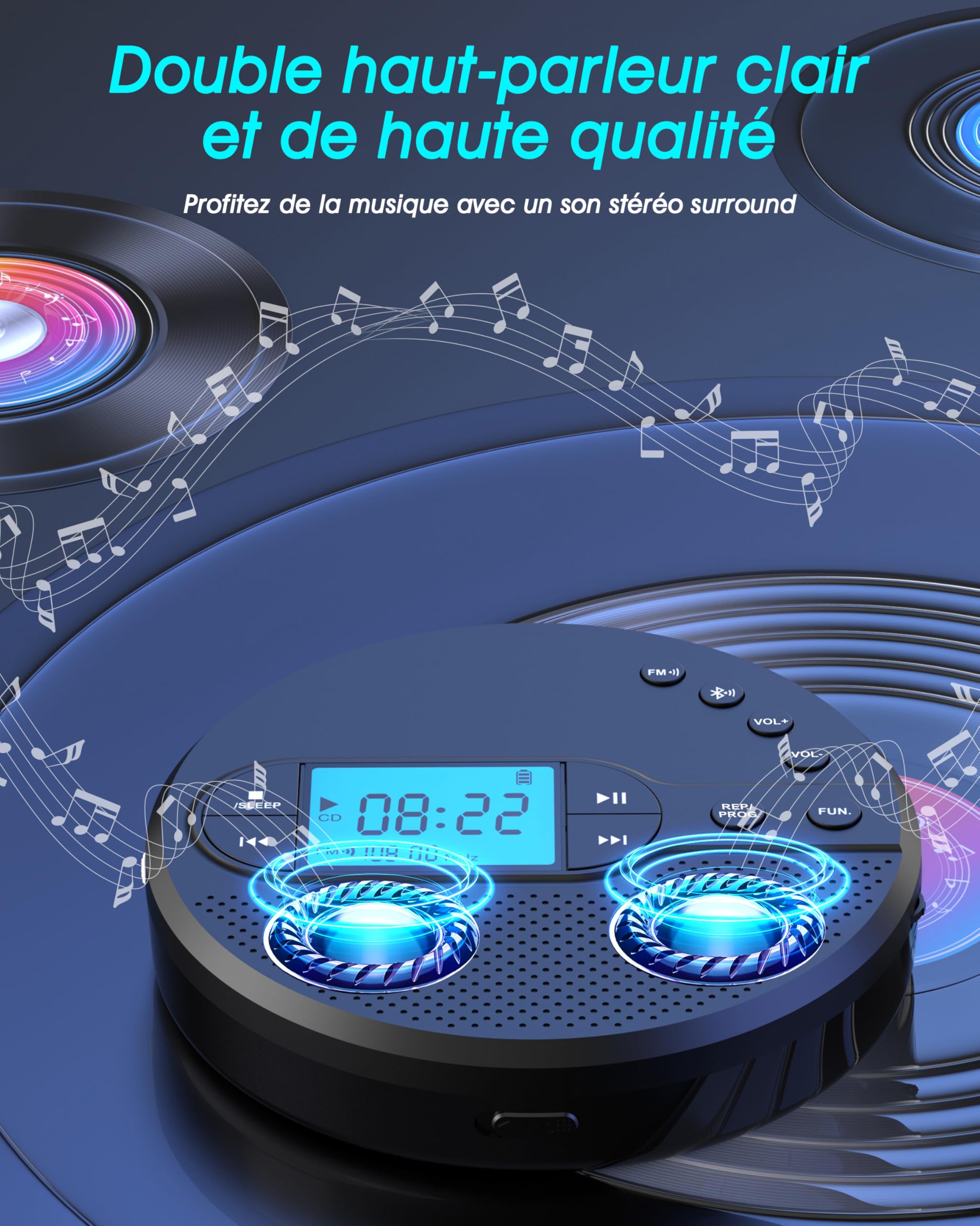 Greadio Lecteur CD Bluetooth 2025 Portable, Lecteur CD Discman avec 2000 mAh, transmetteur FM Compatible, USB, AUX, CD Player avec Casque et Anti-basculement/résistant aux Chocs (Noir)