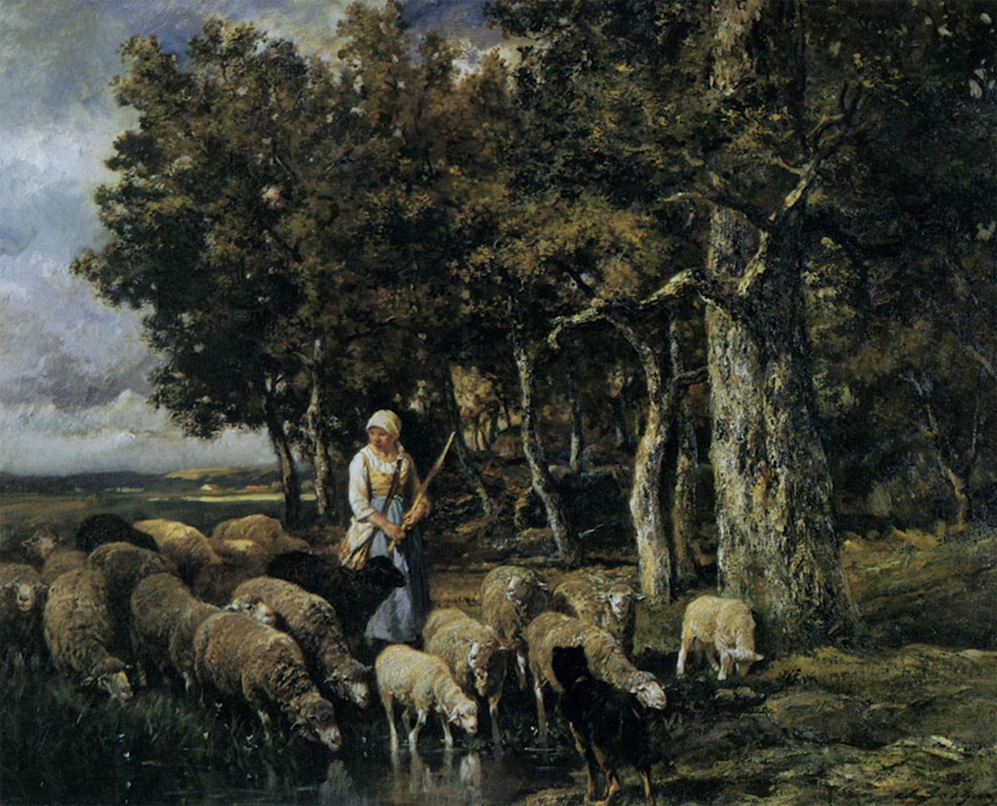 ARTXLXXBN Famous Painting Canvas Artwork Graffiti Print Shepherdess Watering Flock by Charles Emile Jacque Portrait Canvas Image for Home Decor 60x90cm